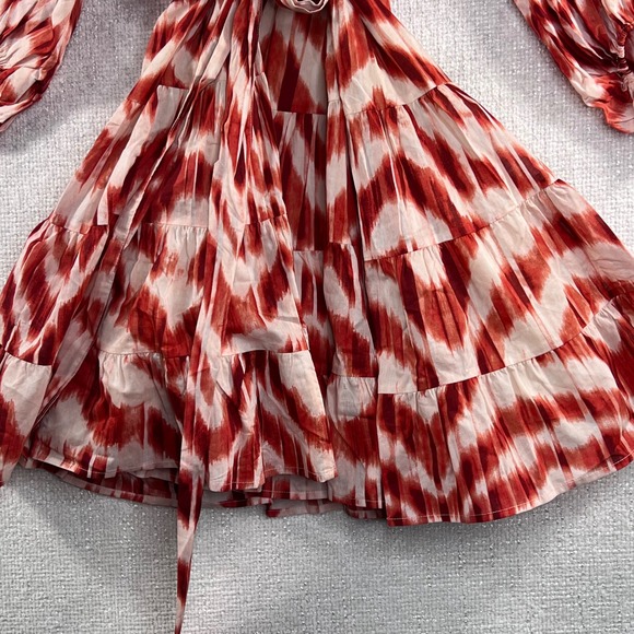 Banana Republic Red White Ikat Tiered Wrap Midi Dress Balloon Sleeve - Picture 4 of 12